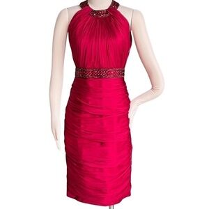 Carmen Marc Valvo 100% Silk Red Halter Beaded Ruched Cocktail Dress Size 8 NWT